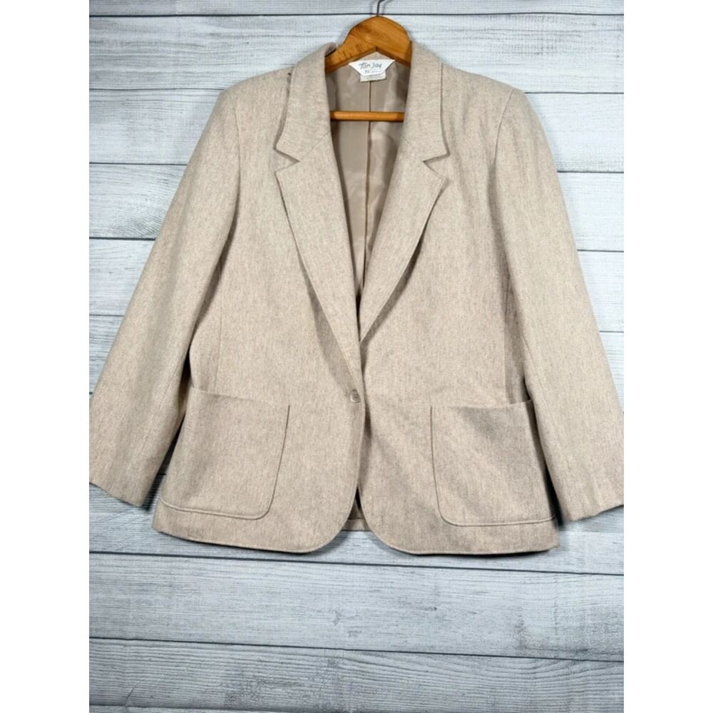 Vintage Tan Jay Women’s 14 Beige Wool Blend Blazer Skirt Suit Set USA 4084